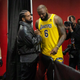 Los Angeles Lakers LeBron James greets Drake following an NBA basketball game against Toronto Raptors in Toronto on Friday, March 18, 2022.